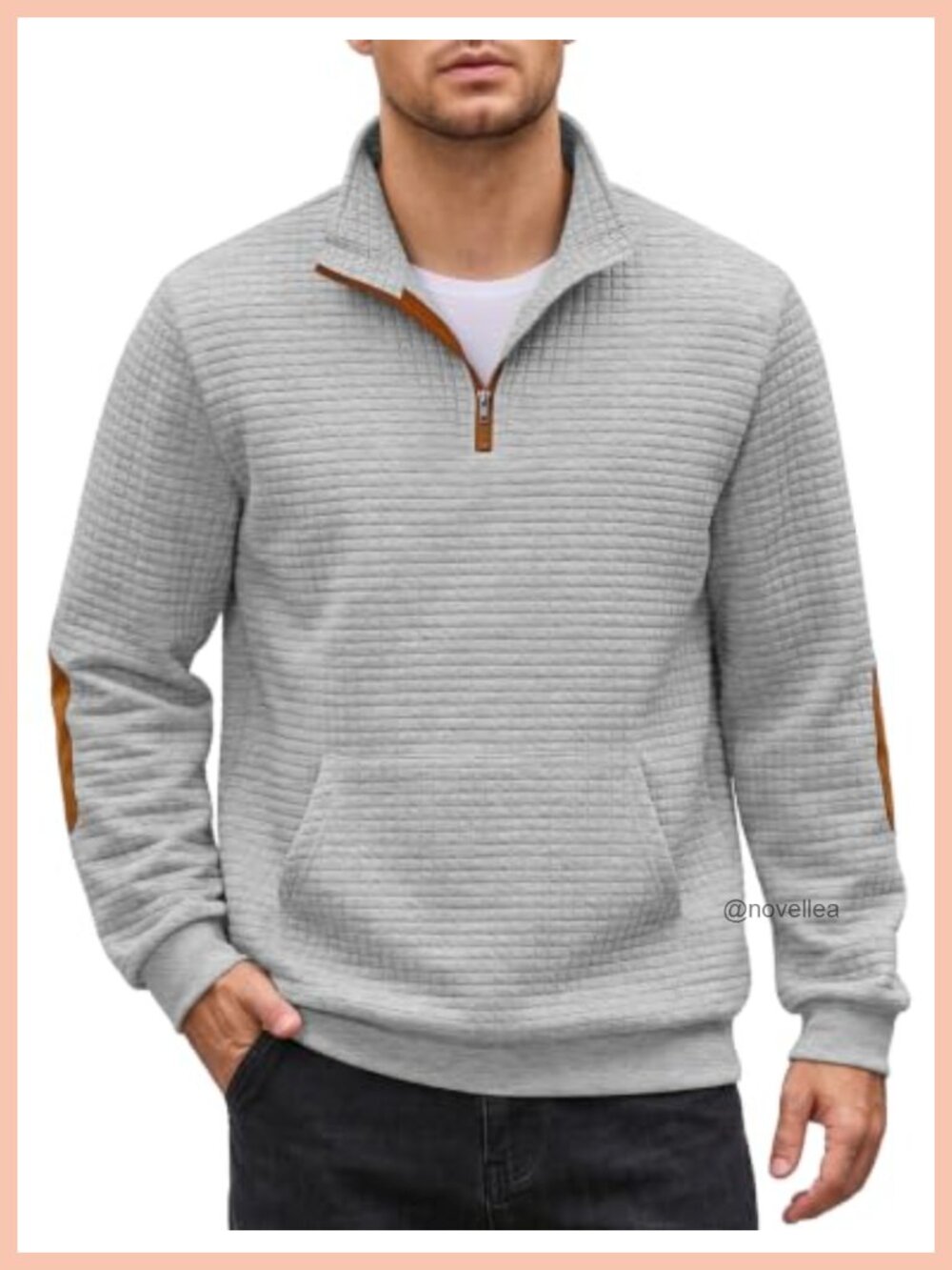 Men's Waffle Knit Quarter Zip Pullover Sweatshirt Faux Leather Elbow Patches